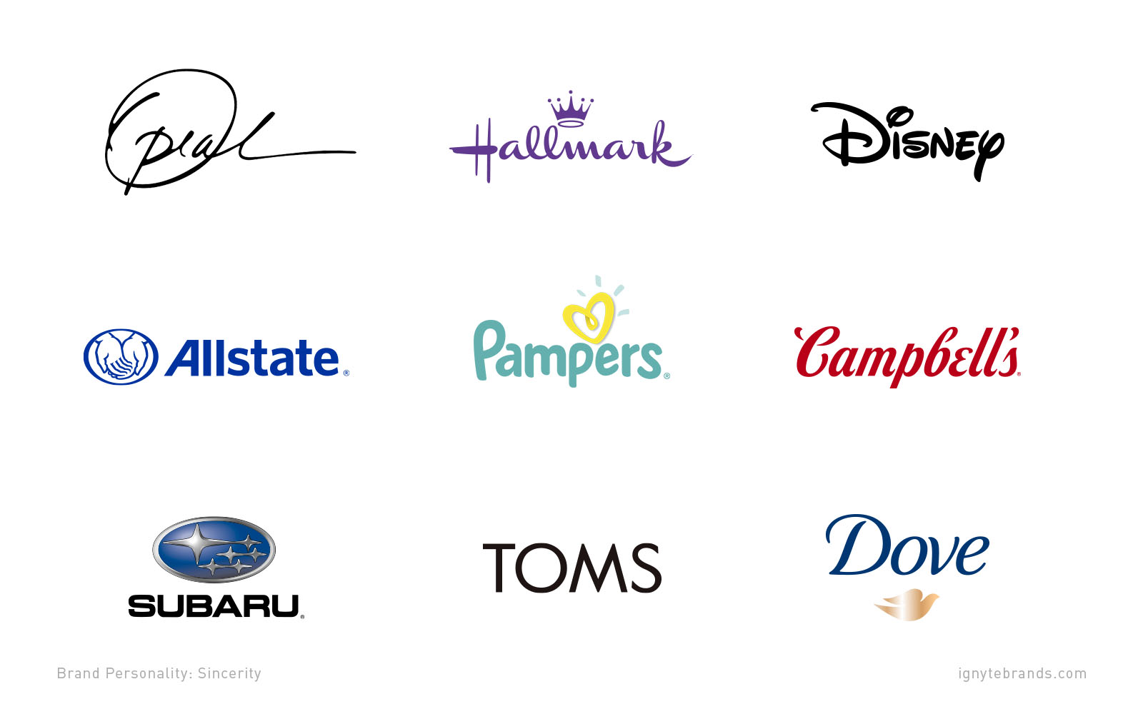 9 logos of brands with sincere brand personalities, including Oprah, Hallmark, Disney, Allstate, Pampers, Campbell's, Subaru, TOMS, and Dove