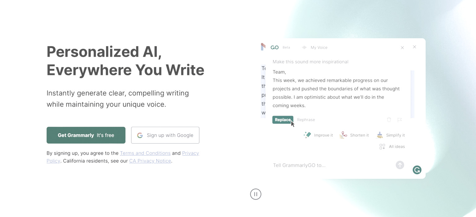 A screenshot of the Grammarly homepage prominently features the brand's value proposition