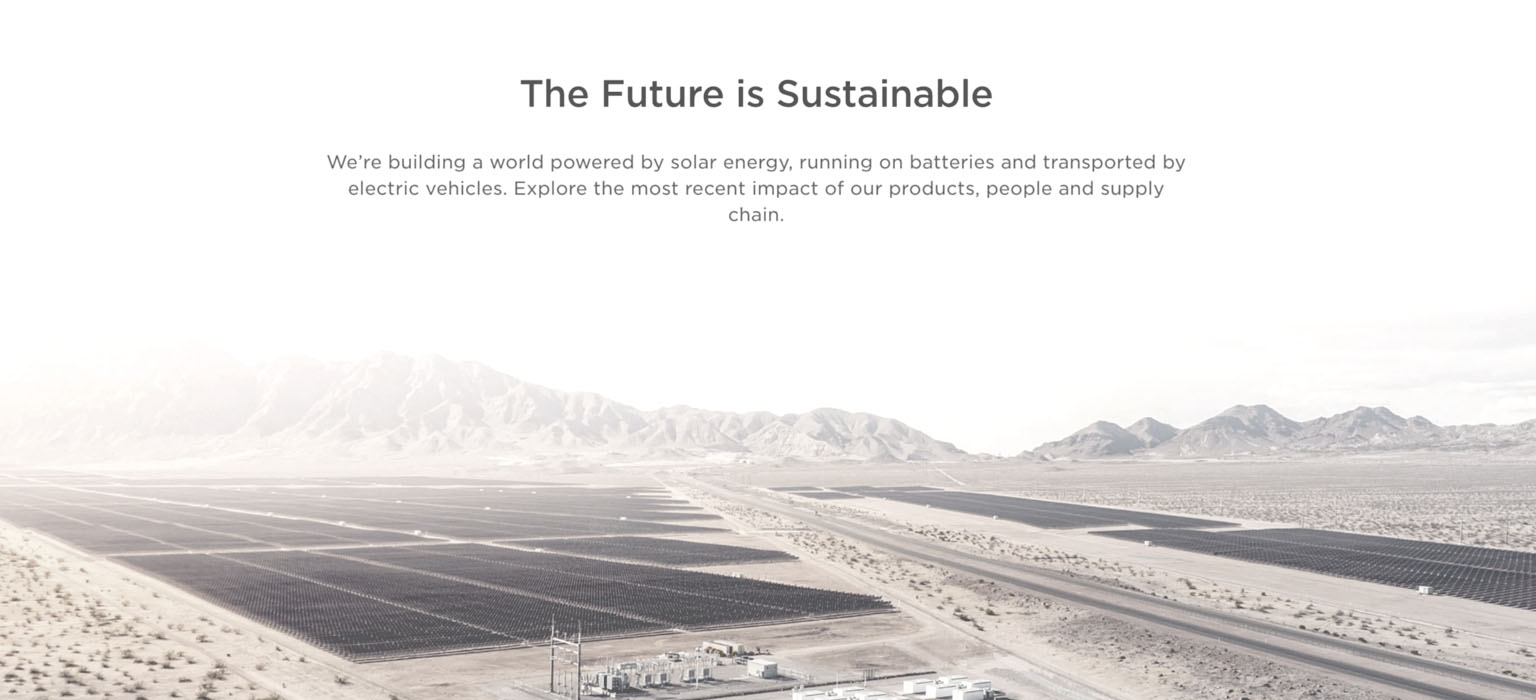 Tesla's vision statement is emblazoned over an image of a sprawling sustainable energy farm